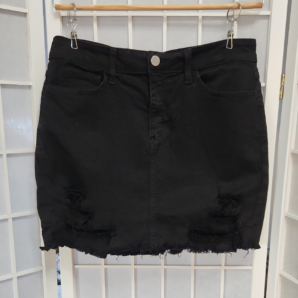 O2 Denim Black High Waisted Distressed Denim Skirt
